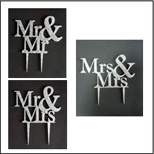 MR & MRS, MR & MR OR MRS & MRS SILVER GLITTER CAKE TOPPER
